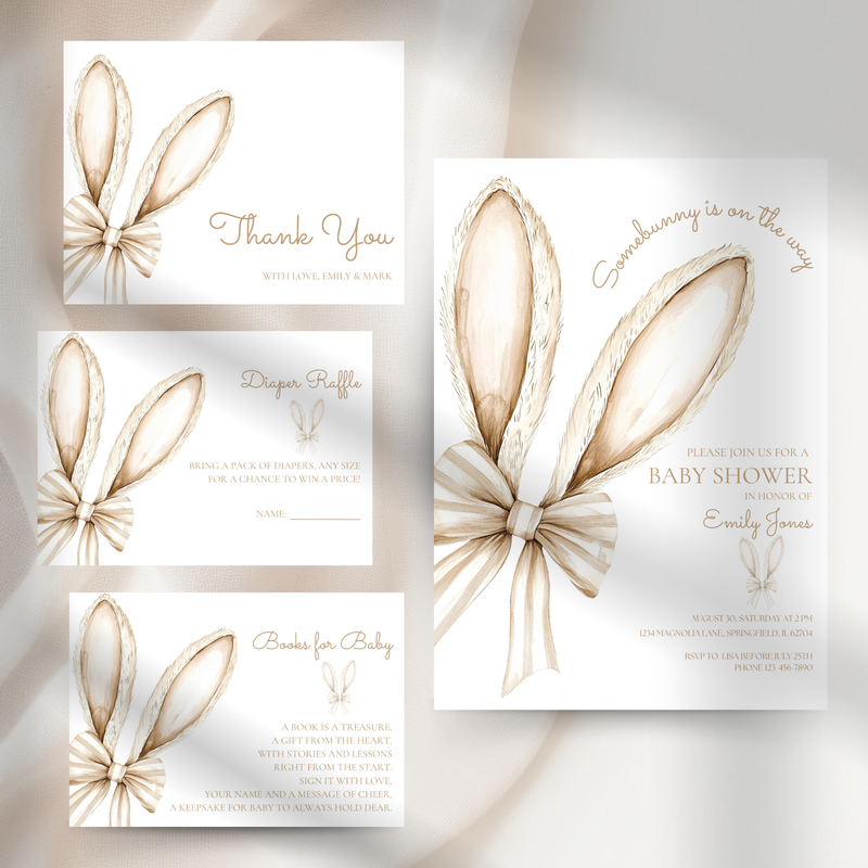 Baby Shower Invitation Bundle - Somebunny Is On The Way Easter Bunny Coquette Bow Beige BS75