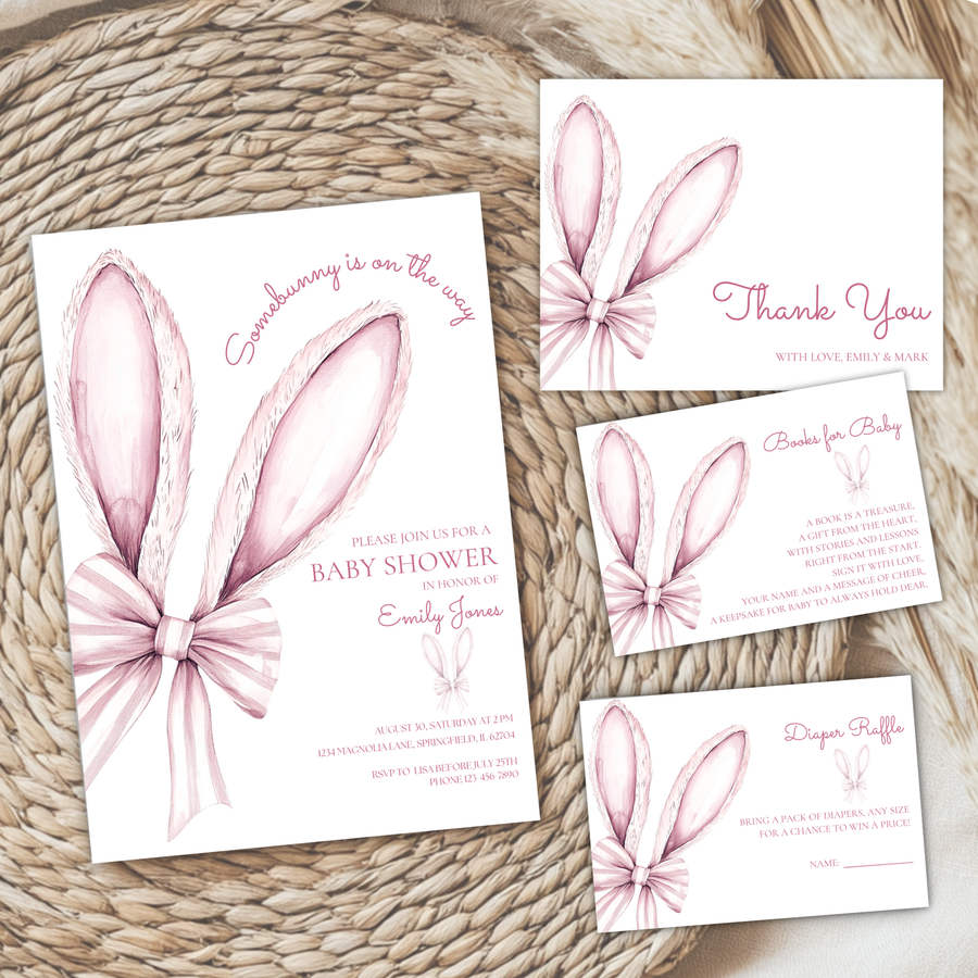 Baby Shower Invitation Bundle - Somebunny Is On The Way Easter Bunny Coquette Bow Pink BS75