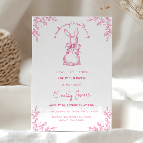 Baby Shower Invitation - Some Bunny Is On The Way Pink Toile Coquette Easter Spring BS93