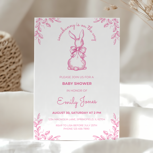 Baby Shower Invitation - Some Bunny Is On The Way Pink Toile Coquette Easter Spring BS93