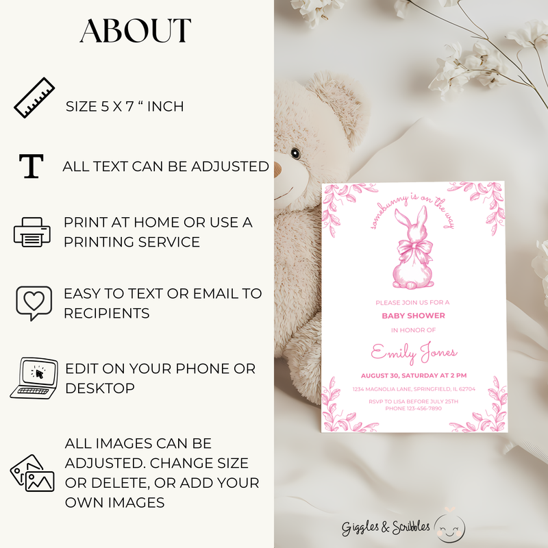 Baby Shower Invitation - Some Bunny Is On The Way Pink Toile Coquette Easter Spring BS93