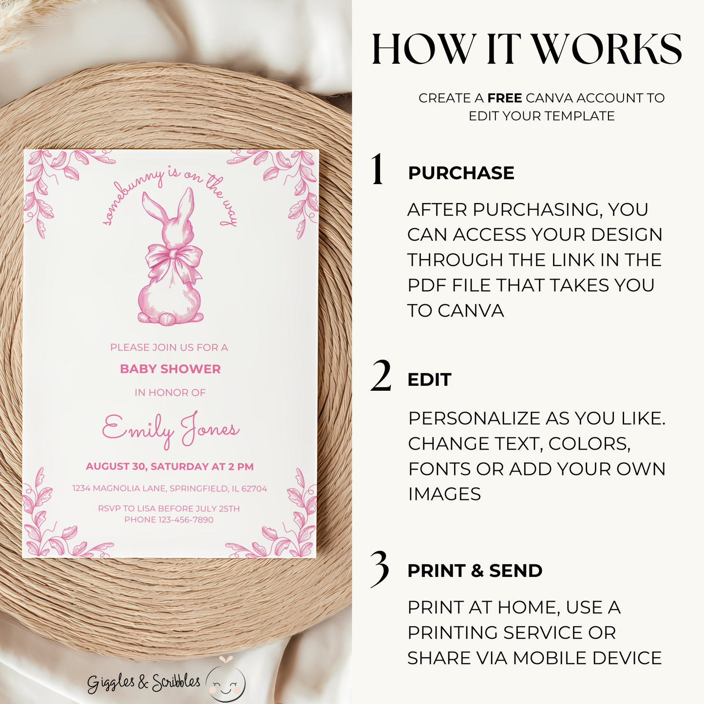 Baby Shower Invitation - Some Bunny Is On The Way Pink Toile Coquette Easter Spring BS93