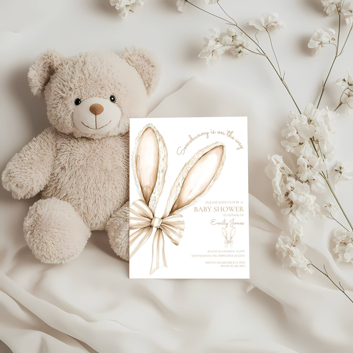 Baby Shower Invitation - Some Bunny is On The Way Beige Easter Bow BS76