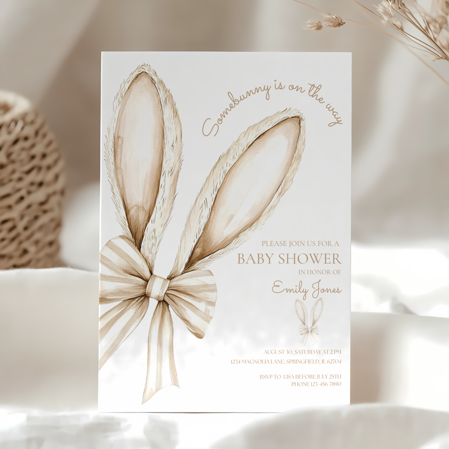 Baby Shower Invitation - Some Bunny is On The Way Beige Easter Bow BS76