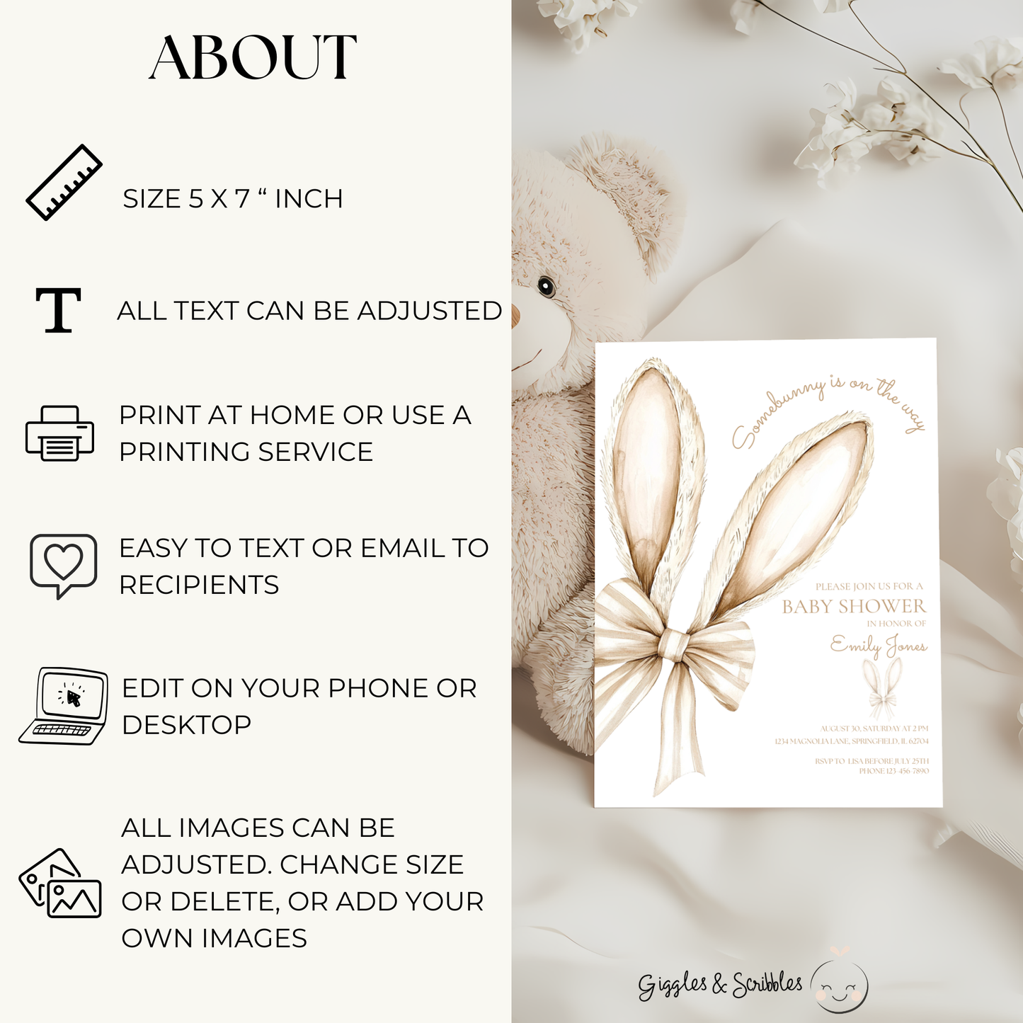 Baby Shower Invitation - Some Bunny is On The Way Beige Easter Bow BS76