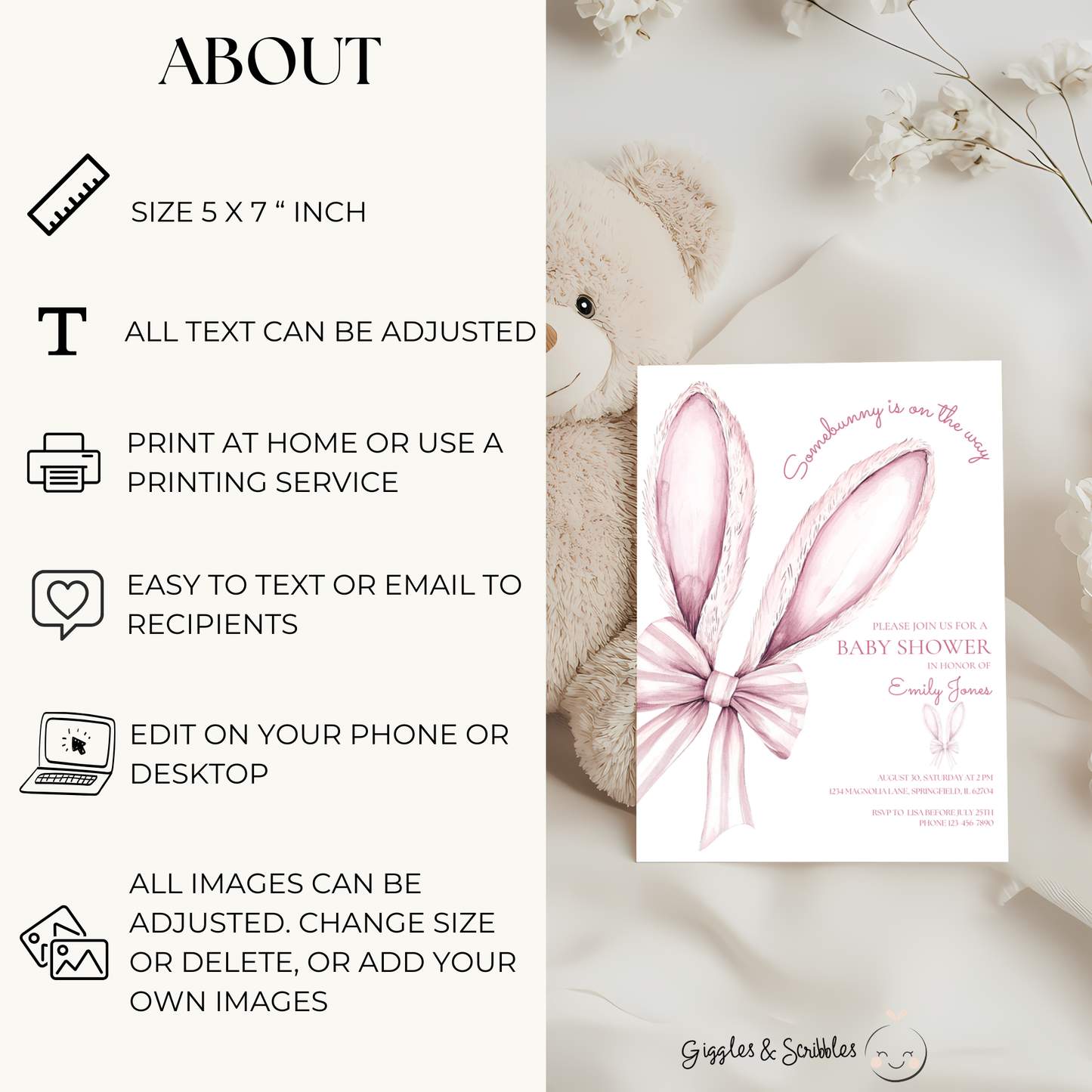 Baby Shower Invitation - Some Bunny is On The Way Pink Easter Bow BS76