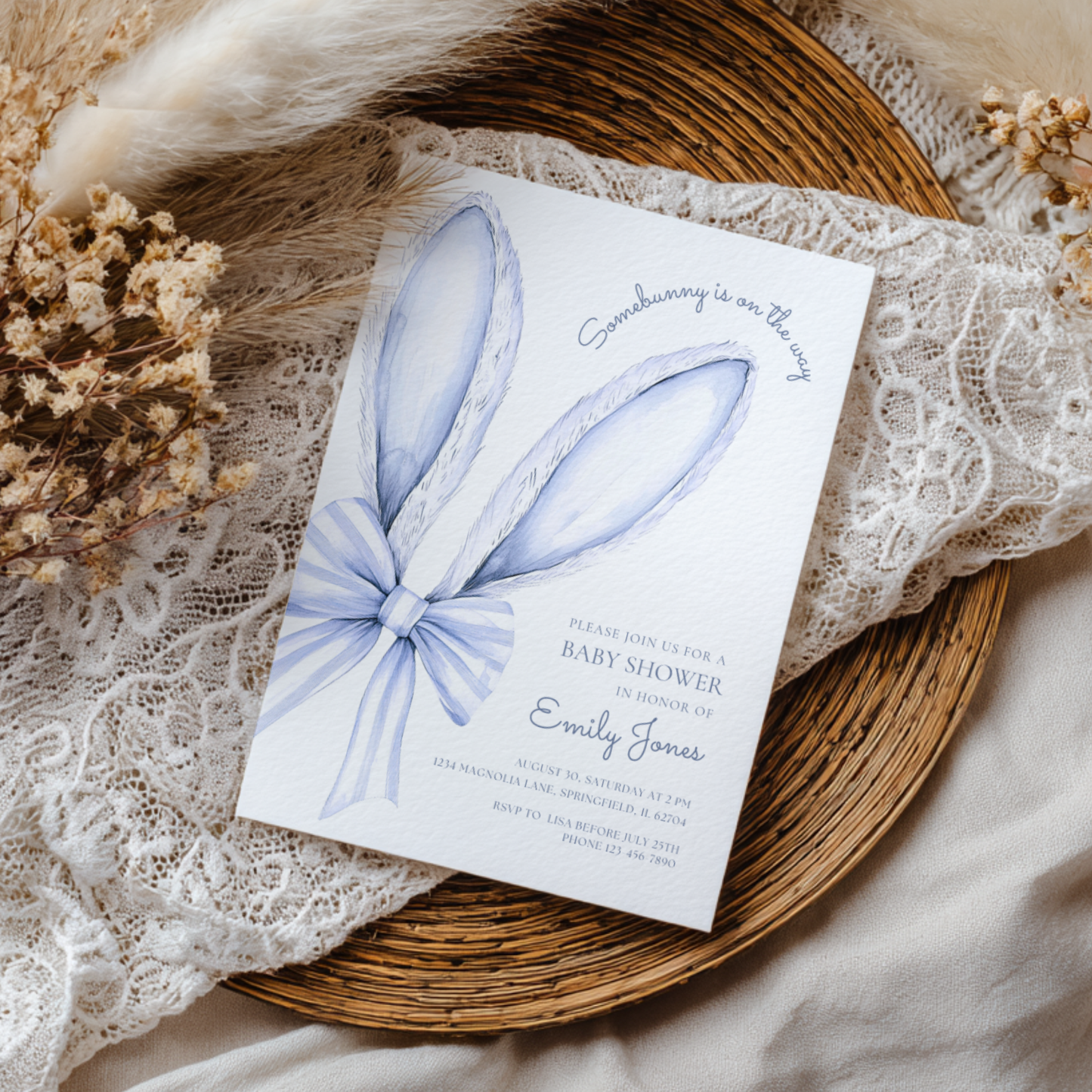 Some Bunny is on the Way Baby Shower Invitation Blue Bow BS76