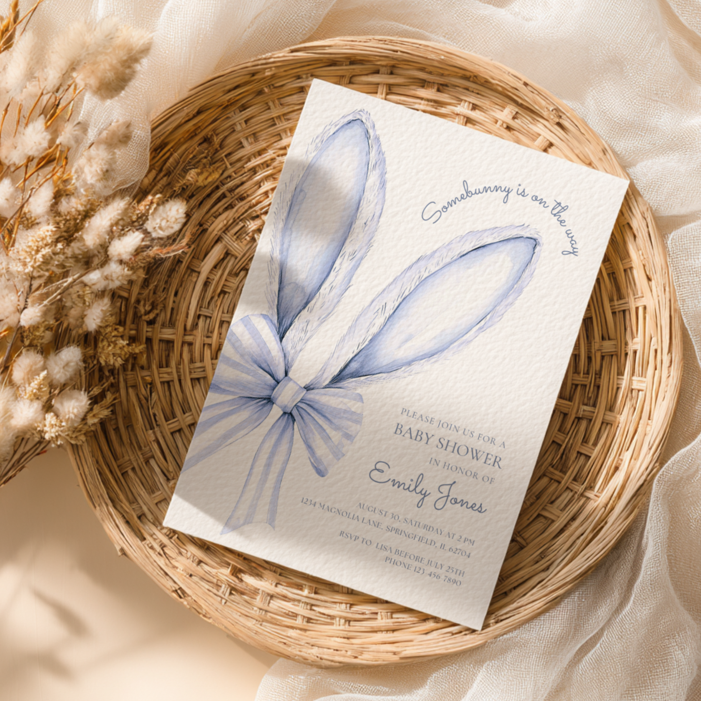 Some Bunny is on the Way Baby Shower Invitation Blue Bow BS76