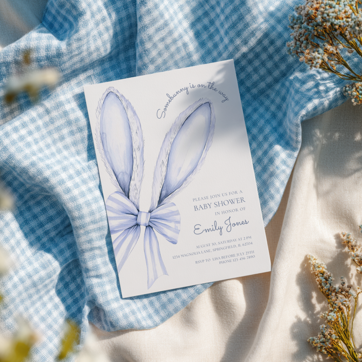 Some Bunny is on the Way Baby Shower Invitation Blue Bow BS76