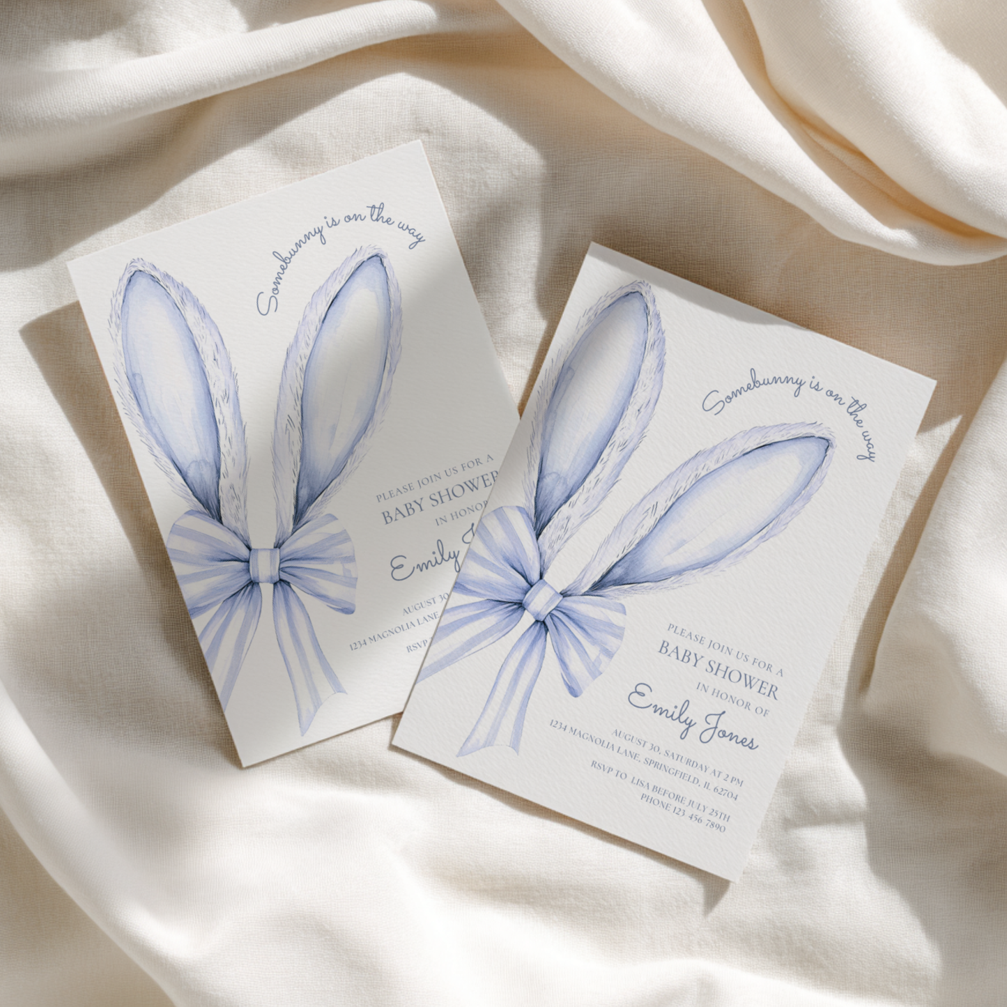 Some Bunny is on the Way Baby Shower Invitation Blue Bow BS76