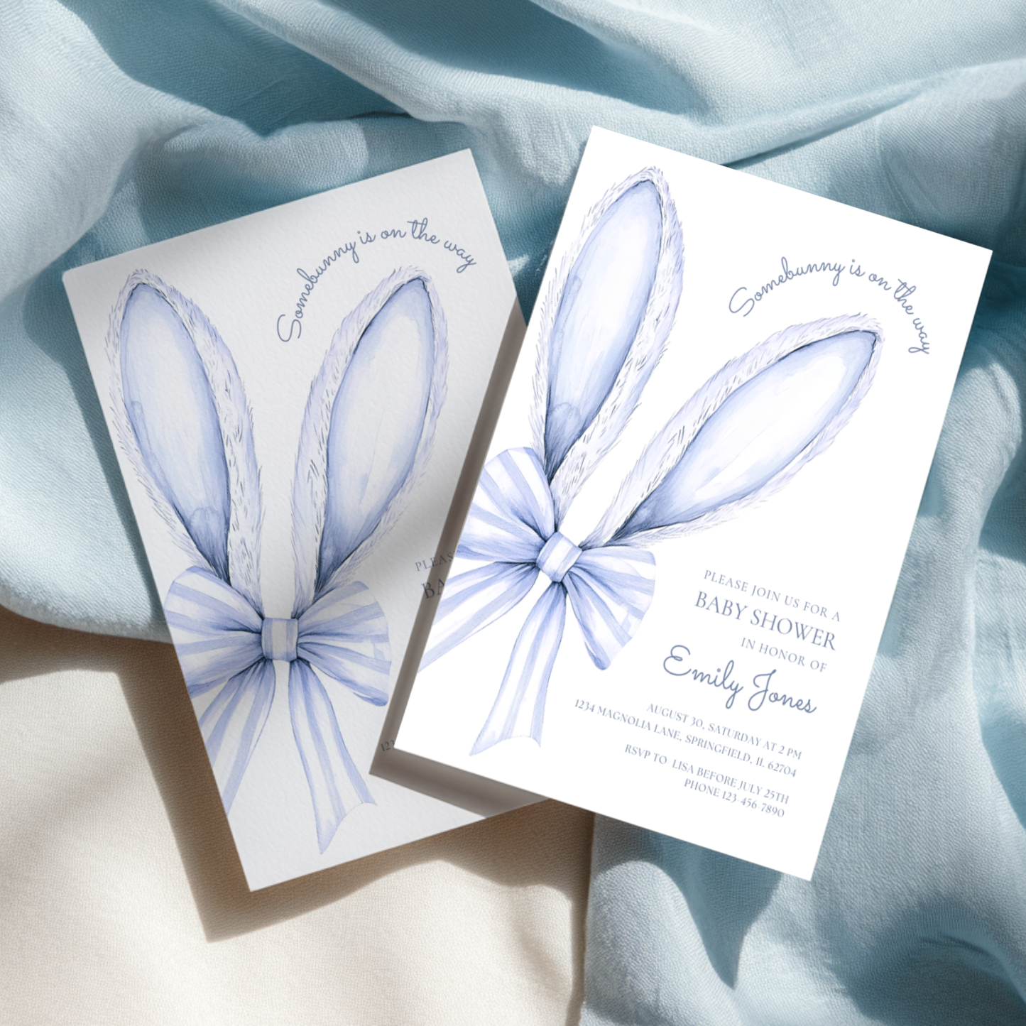 Some Bunny is on the Way Baby Shower Invitation Blue Bow BS76