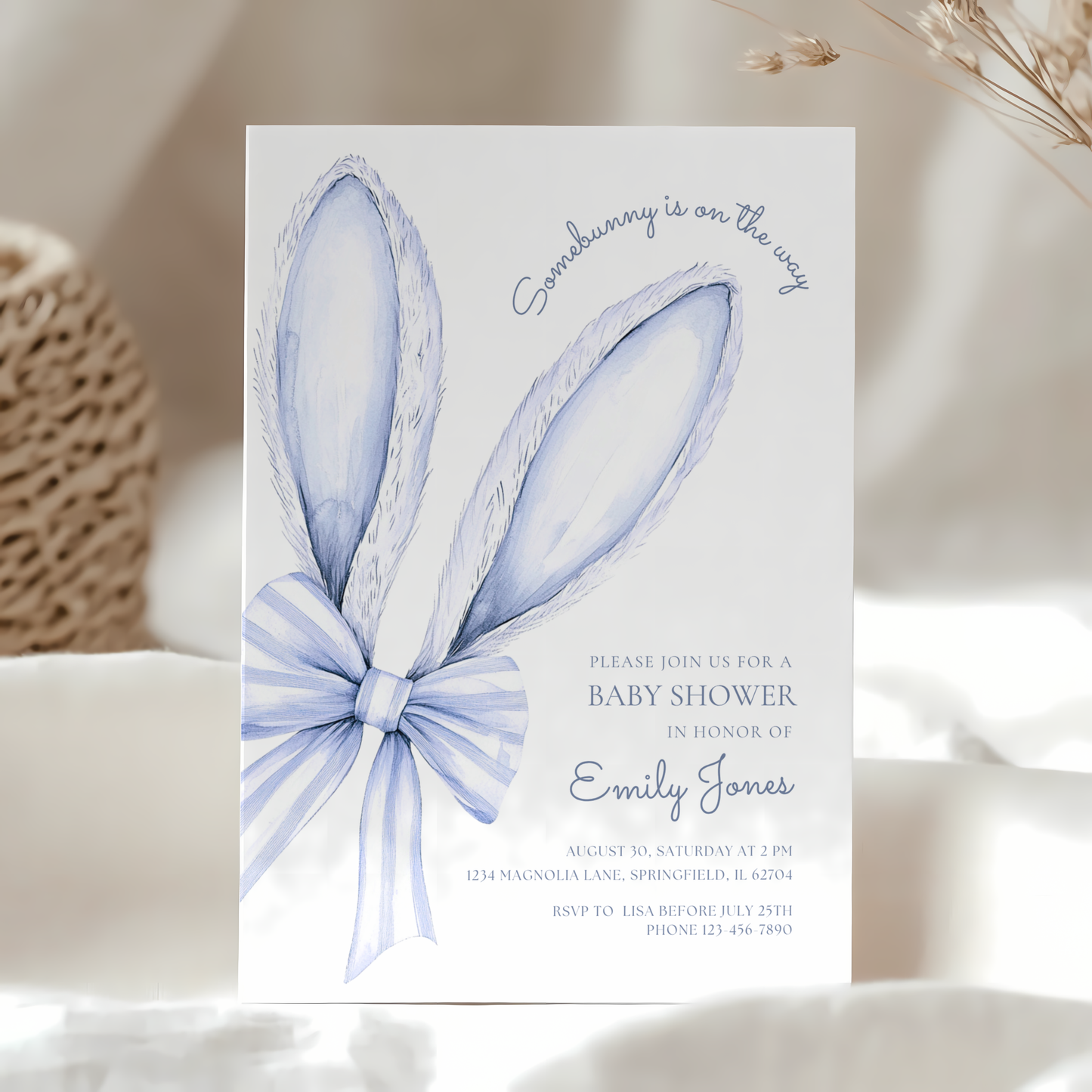 Some Bunny is on the Way Baby Shower Invitation Blue Bow BS76