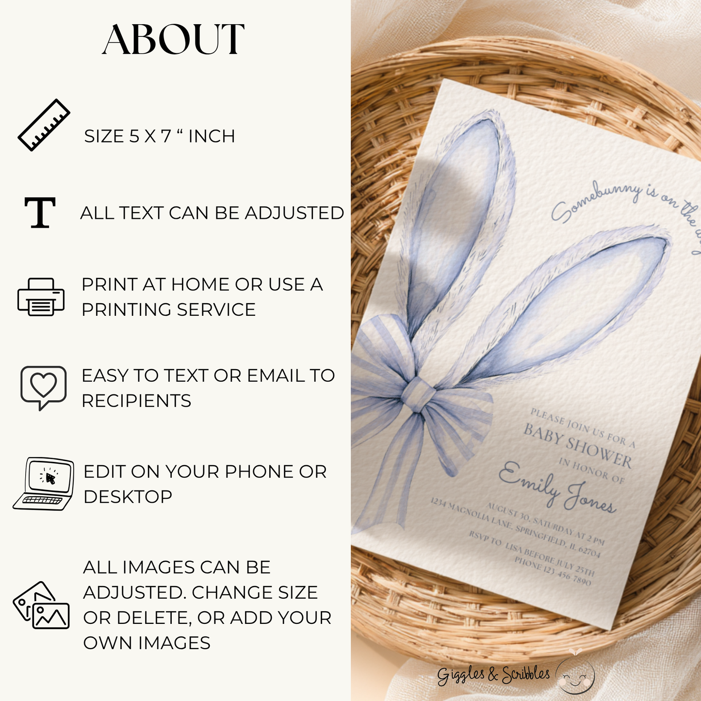 Some Bunny is on the Way Baby Shower Invitation Blue Bow BS76