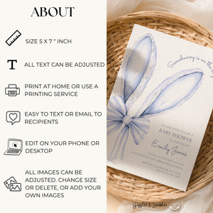 Some Bunny is on the Way Baby Shower Invitation Blue Bow BS76