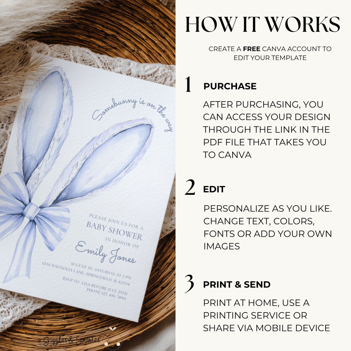 Some Bunny is on the Way Baby Shower Invitation Blue Bow BS76