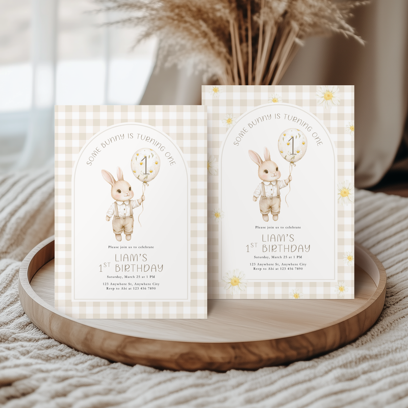 Beige Some Bunny Is One Birthday Invitation L108