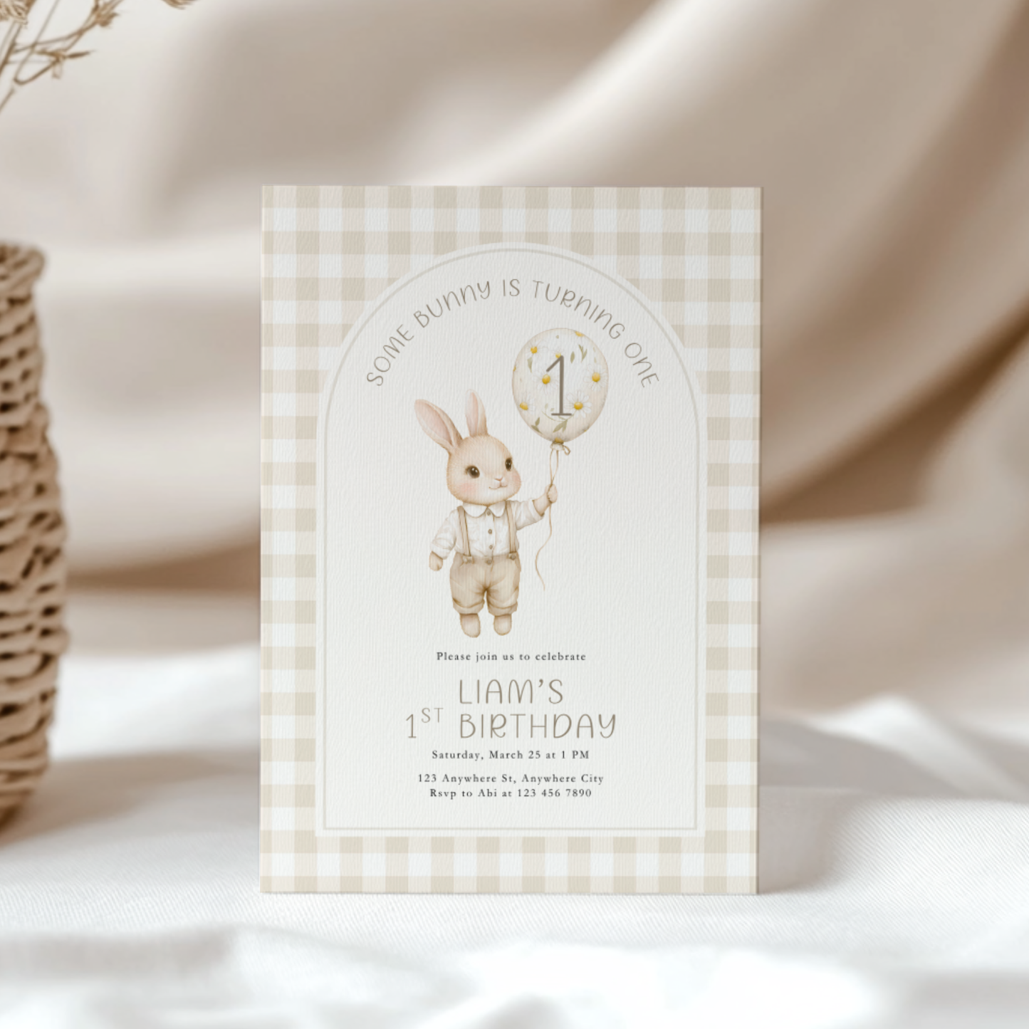 Beige Some Bunny Is One Birthday Invitation L108