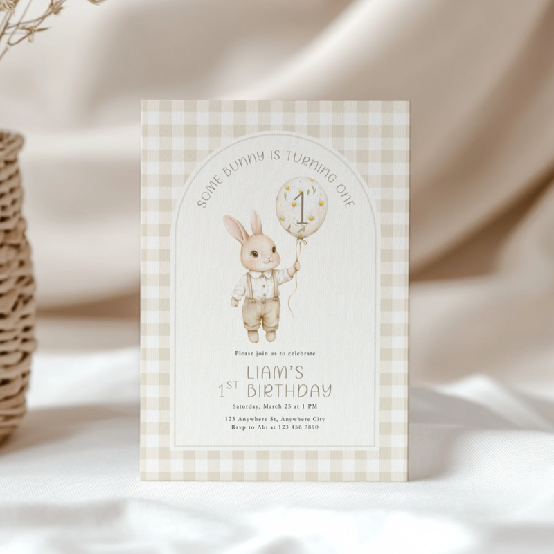 Beige Some Bunny Is One Birthday Invitation L108
