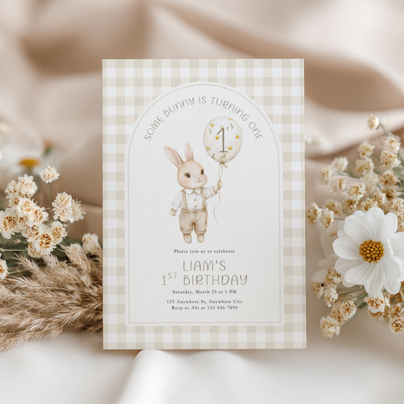 Beige Some Bunny Is One Birthday Invitation L108