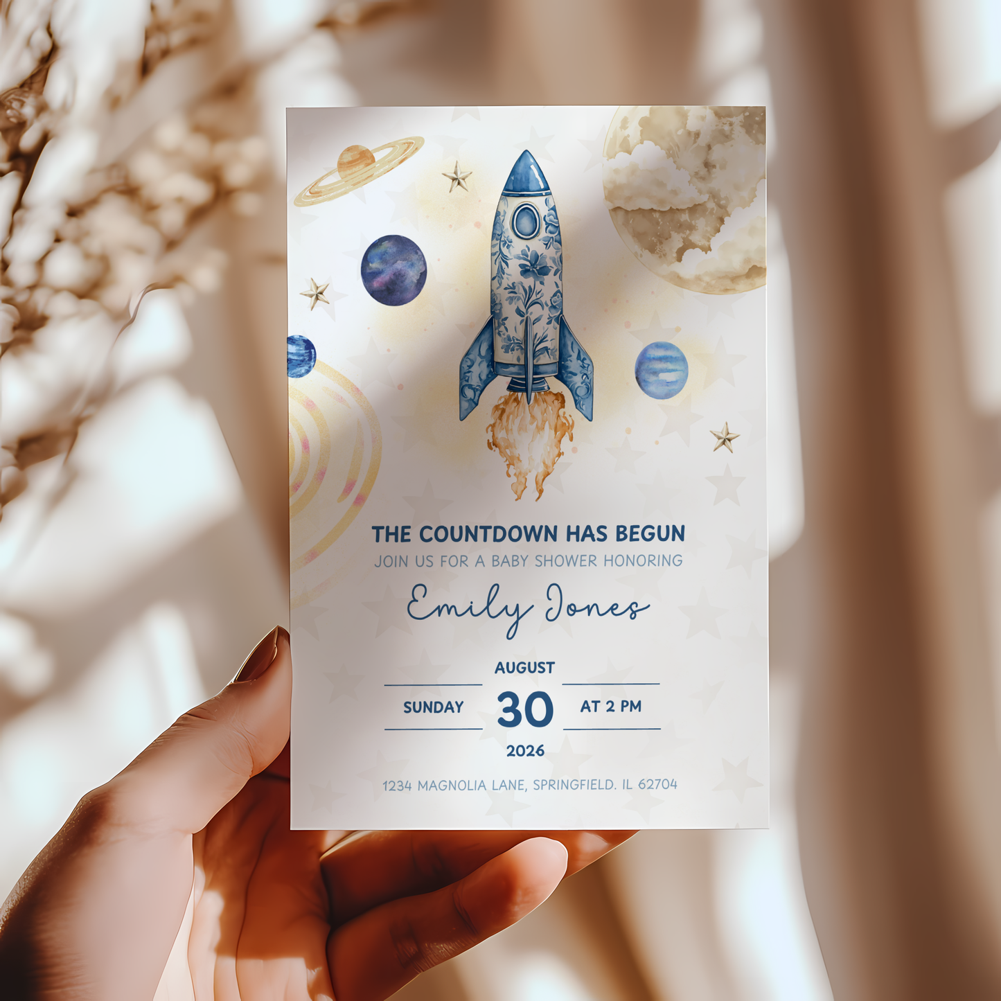 Baby Shower Invitation - The Countdown Has Begun Space Astronaut Rocket BS57