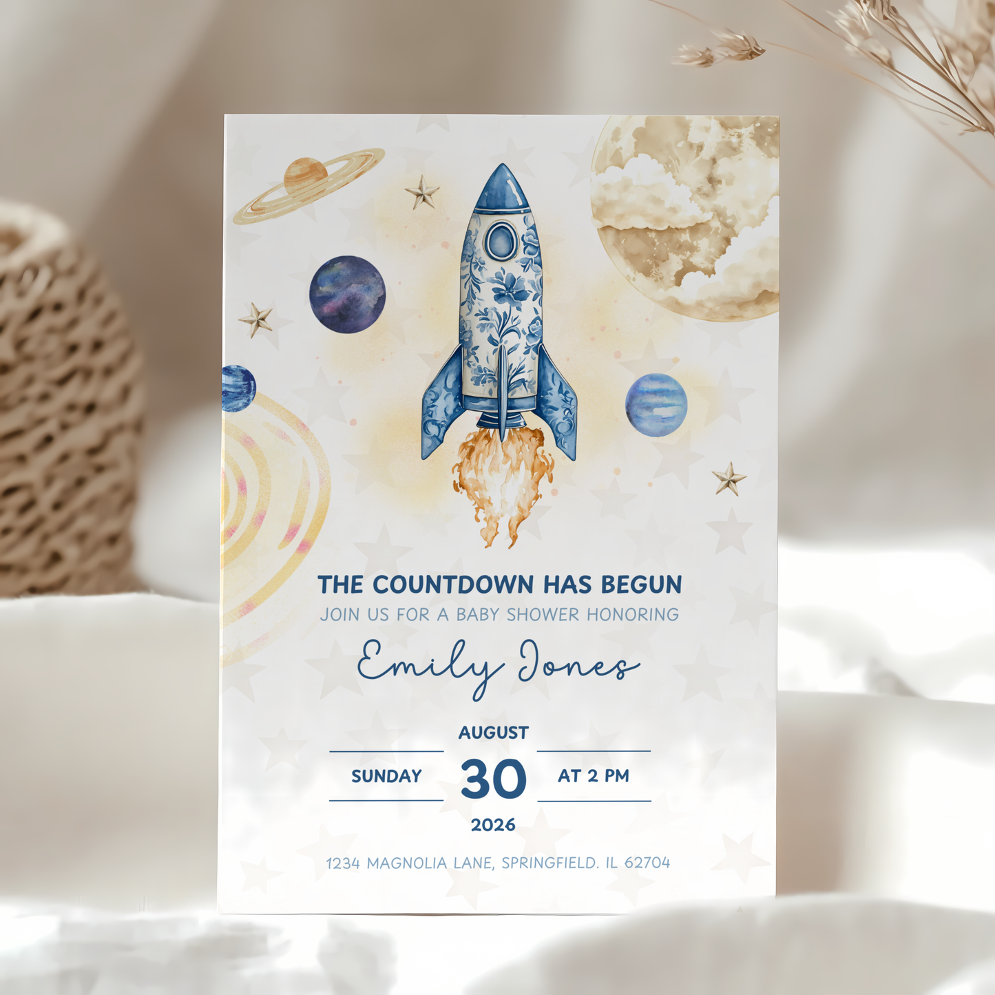 Baby Shower Invitation - The Countdown Has Begun Space Astronaut Rocket BS57