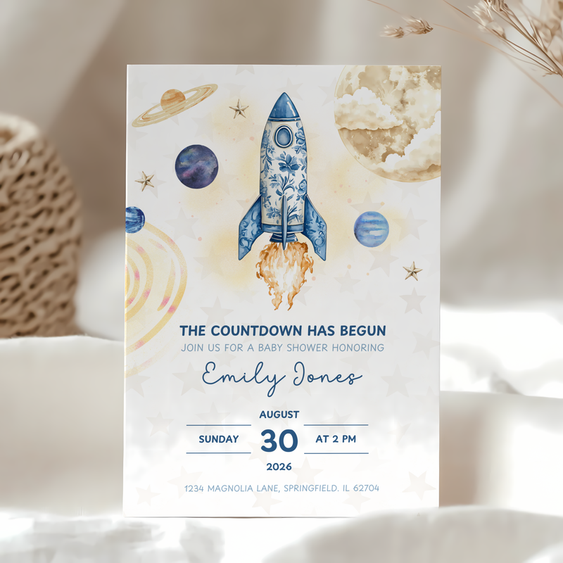 Baby Shower Invitation - The Countdown Has Begun Space Astronaut Rocket BS57
