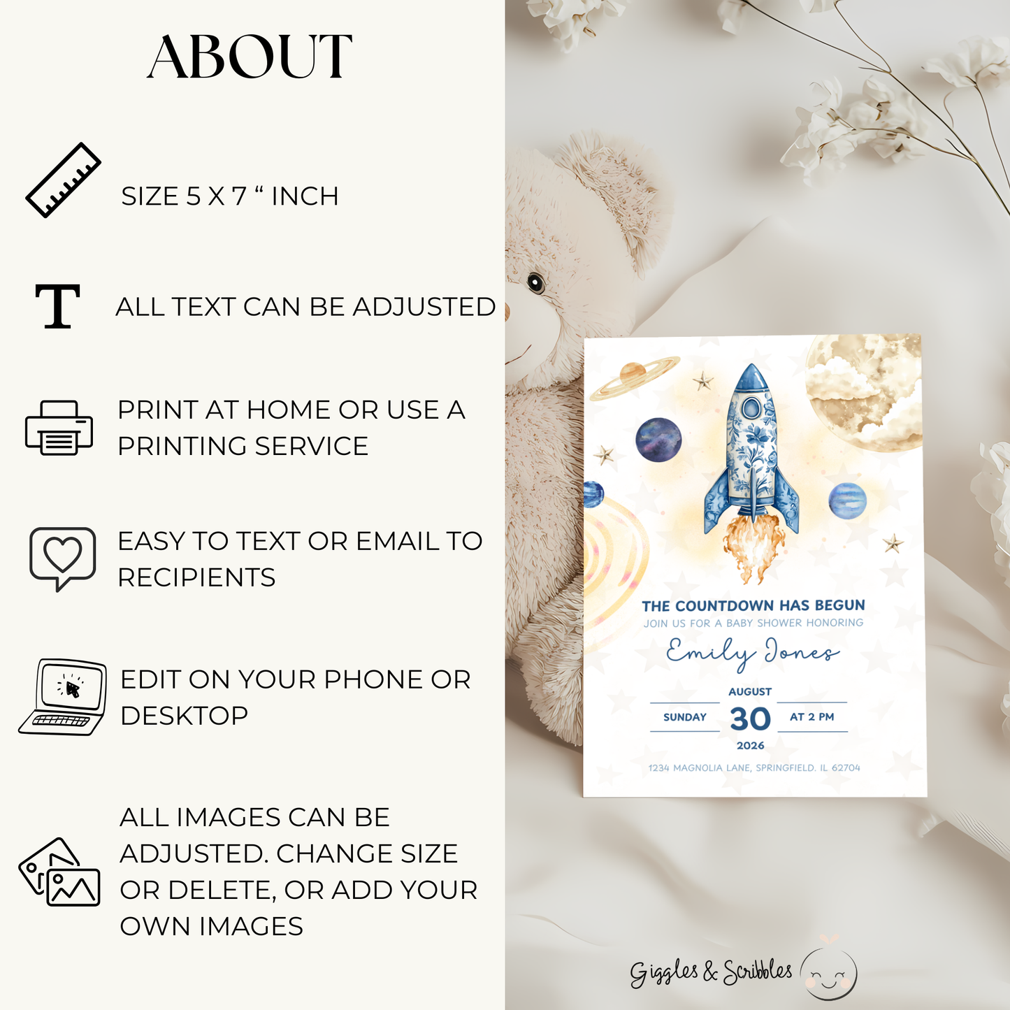 Baby Shower Invitation - The Countdown Has Begun Space Astronaut Rocket BS57