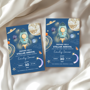 Baby Shower Invitation - Stellar Arrival Dark Blue Space Astronaut Rocket BS58