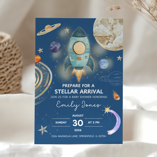Baby Shower Invitation - Stellar Arrival Dark Blue Space Astronaut Rocket BS58