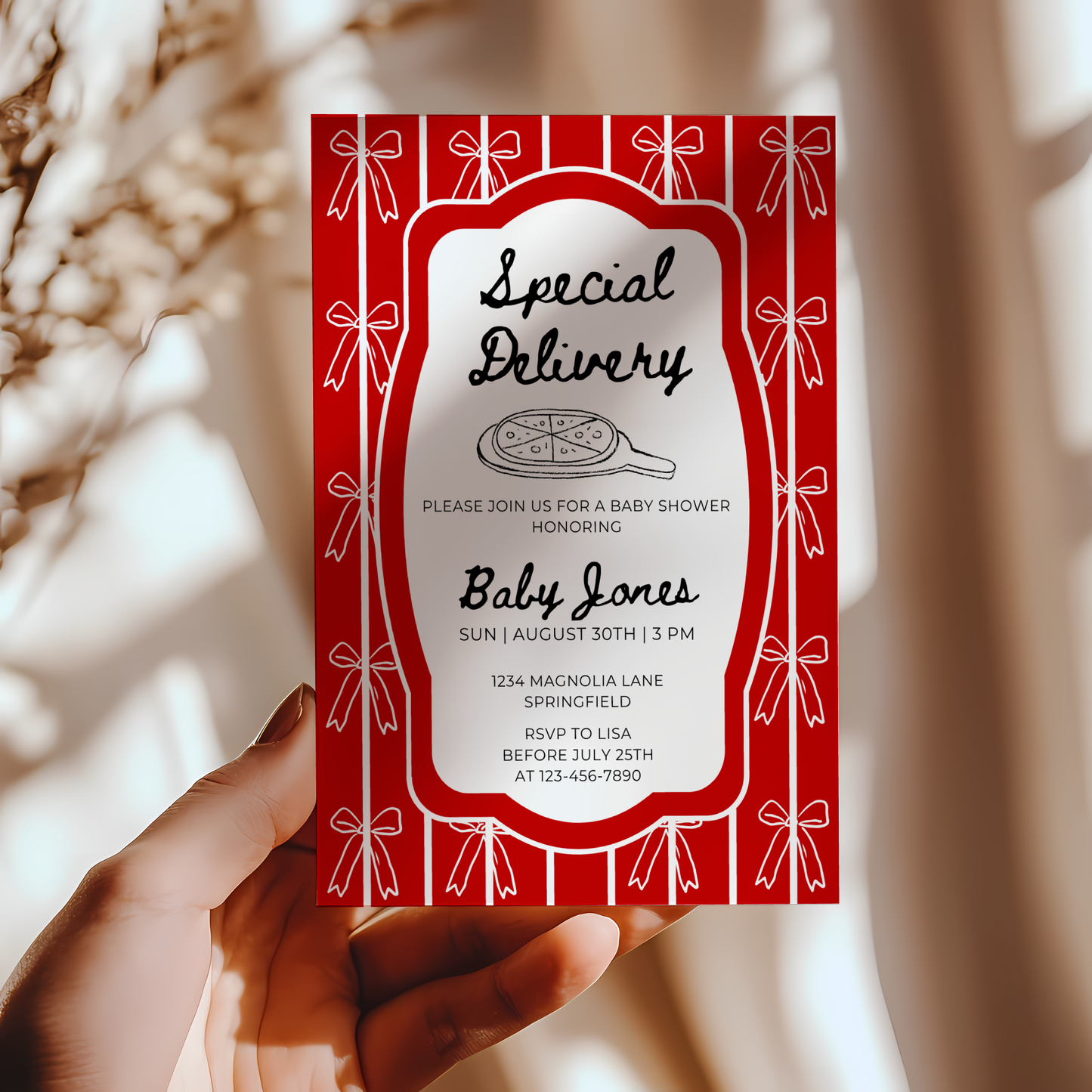 Baby Shower Invitation - Special Delivery Pizza with Bows BS137