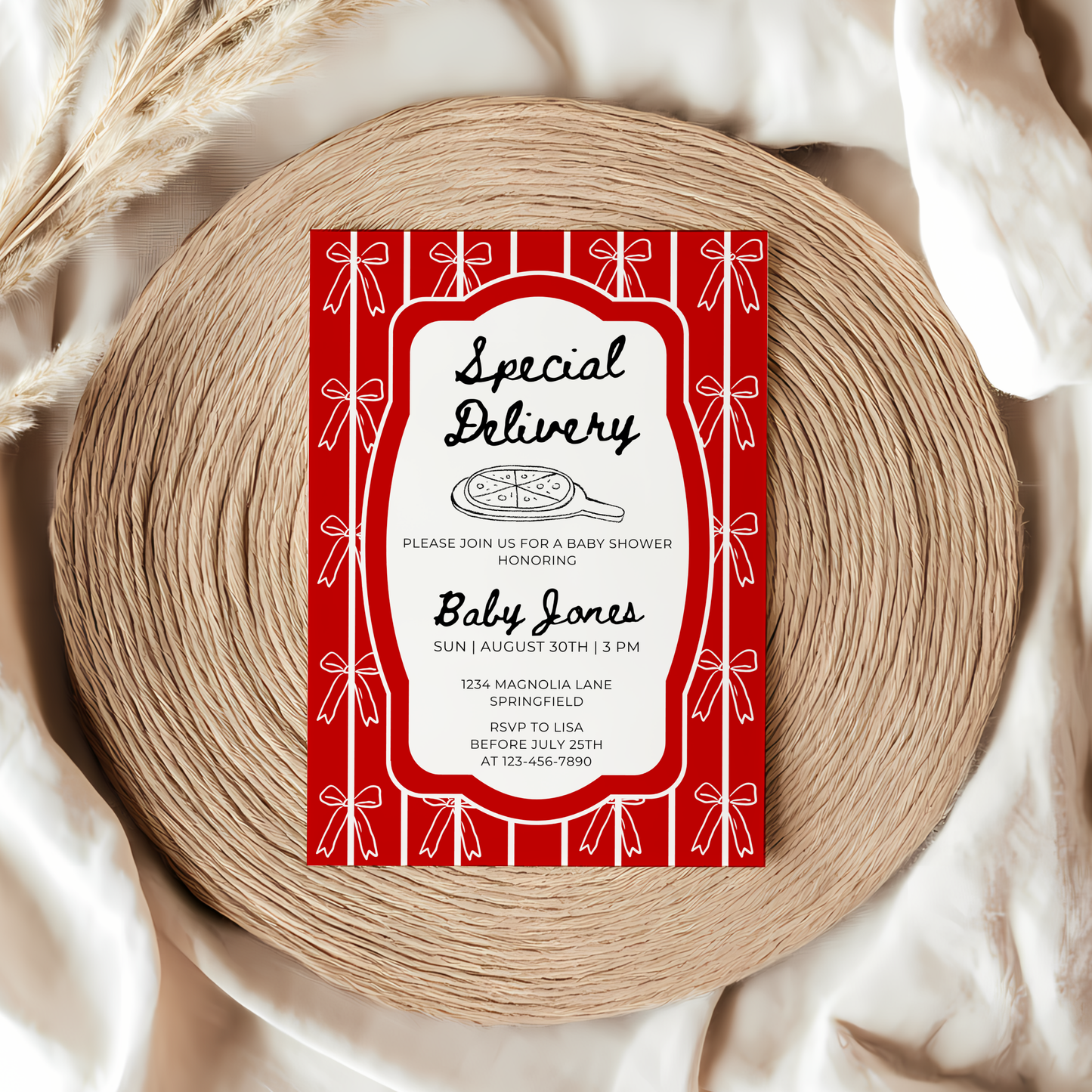 Baby Shower Invitation - Special Delivery Pizza with Bows BS137