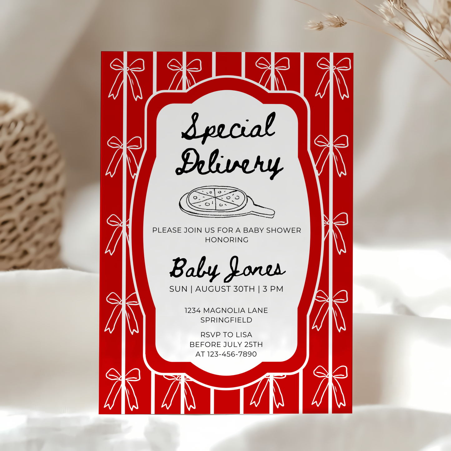 Baby Shower Invitation - Special Delivery Pizza with Bows BS137