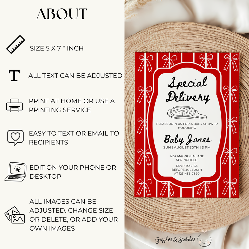 Baby Shower Invitation - Special Delivery Pizza with Bows BS137