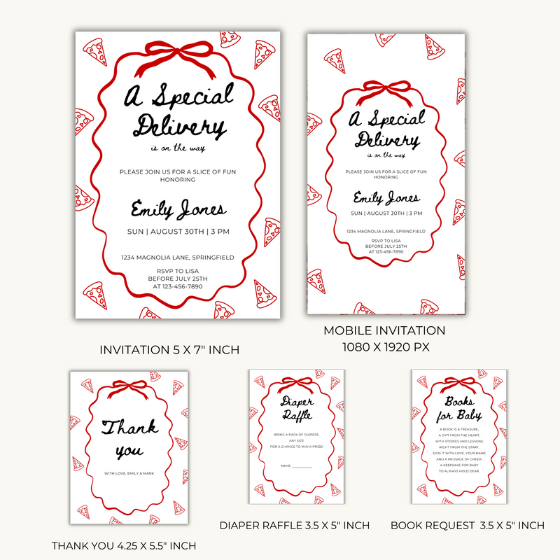 Baby Shower Invitation Bundle - Special Delivery Pizza Italian Food Theme BS137