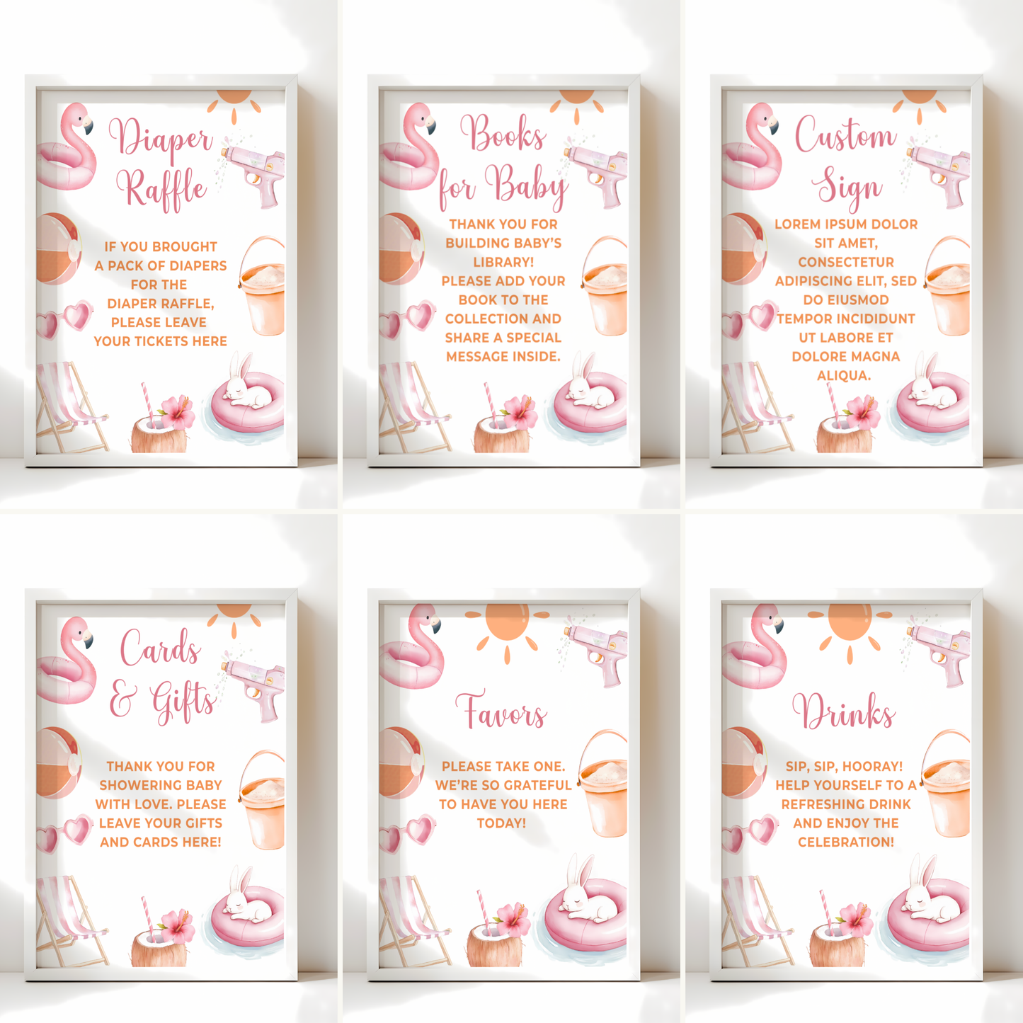 Baby Shower Table Sign Bundle - Splish Splash Girl Summer Pool Party BS141