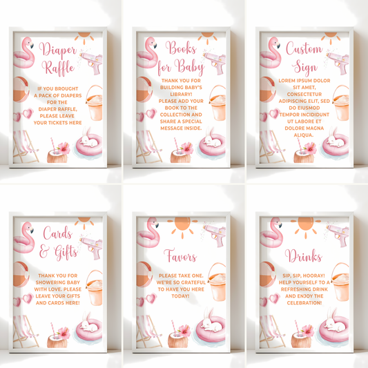 Baby Shower Table Sign Bundle - Splish Splash Girl Summer Pool Party BS141