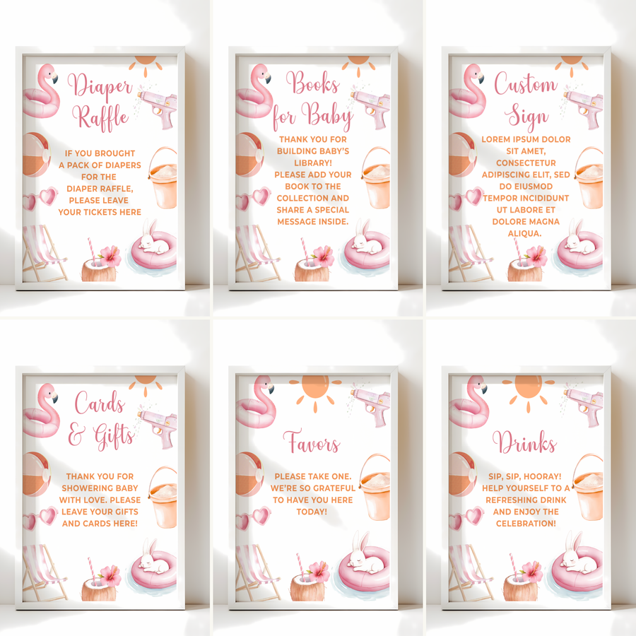 Baby Shower Table Sign Bundle - Splish Splash Girl Summer Pool Party BS141