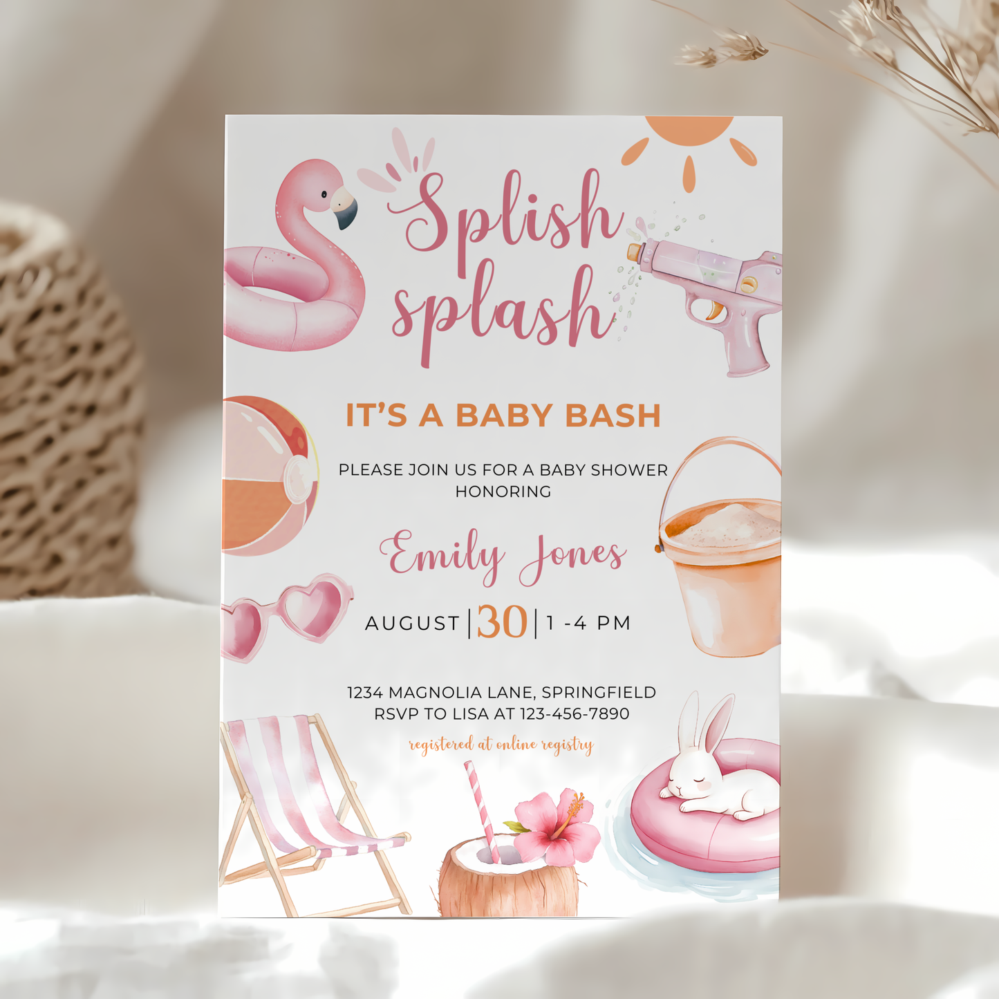 Baby Shower Invitation Bundle - Pink Pool Party Splish Splash Summer Bash BS141