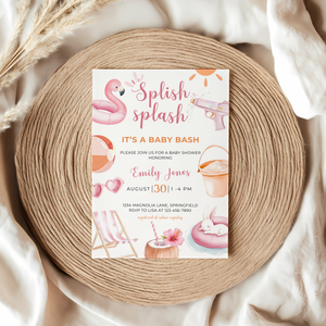 Baby Shower Invitation - Splish Splash Baby Bash Pink Pool Party Beach BS141