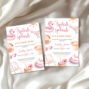 Baby Shower Invitation - Splish Splash Baby Bash Pink Pool Party Beach BS141