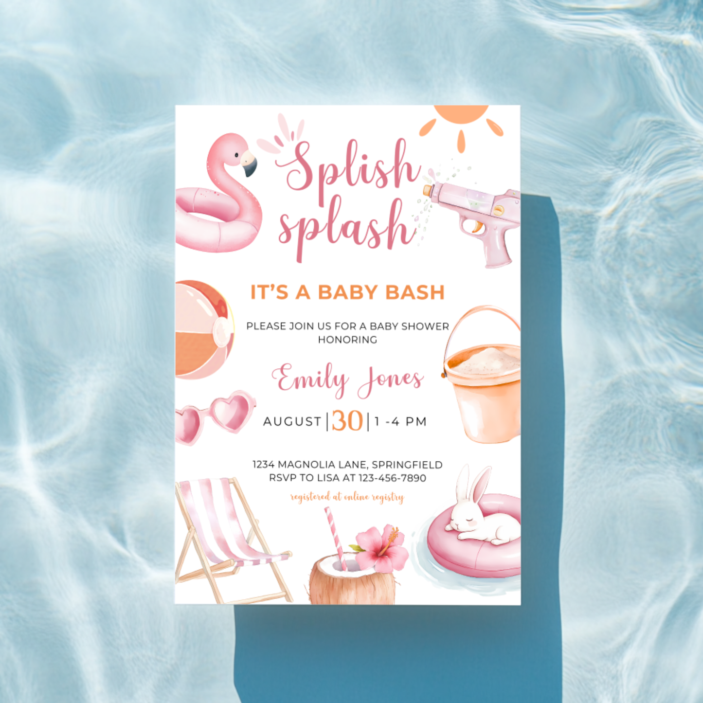 Baby Shower Invitation - Splish Splash Baby Bash Pink Pool Party Beach BS141
