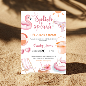 Baby Shower Invitation - Splish Splash Baby Bash Pink Pool Party Beach BS141
