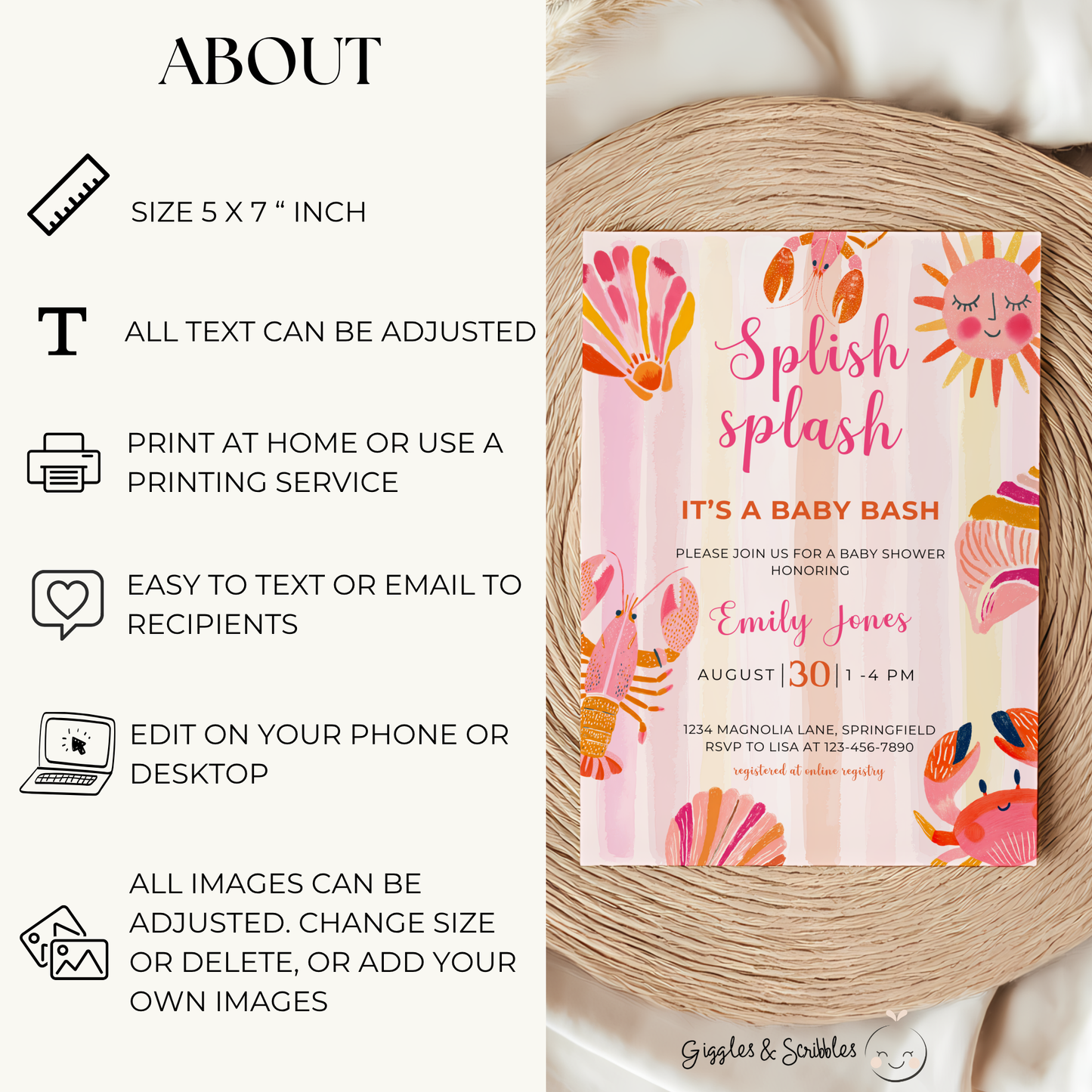 Baby Shower Invitation - Splish Splash Baby Bash Vibrant Summer Pool Party BS157