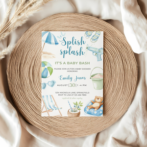 Baby Shower Invitation - Splish Splash Baby Bash Blue & Green Pool Party Theme BS142