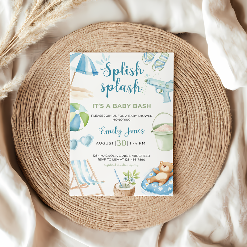 Baby Shower Invitation - Splish Splash Baby Bash Blue & Green Pool Party Theme BS142