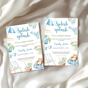Baby Shower Invitation - Splish Splash Baby Bash Blue & Green Pool Party Theme BS142