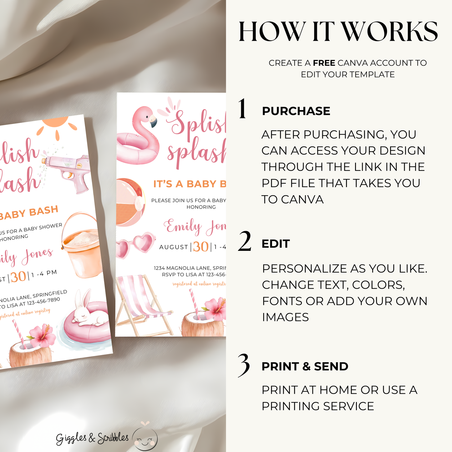 Baby Shower Invitation Bundle - Pink Pool Party Splish Splash Summer Bash BS141