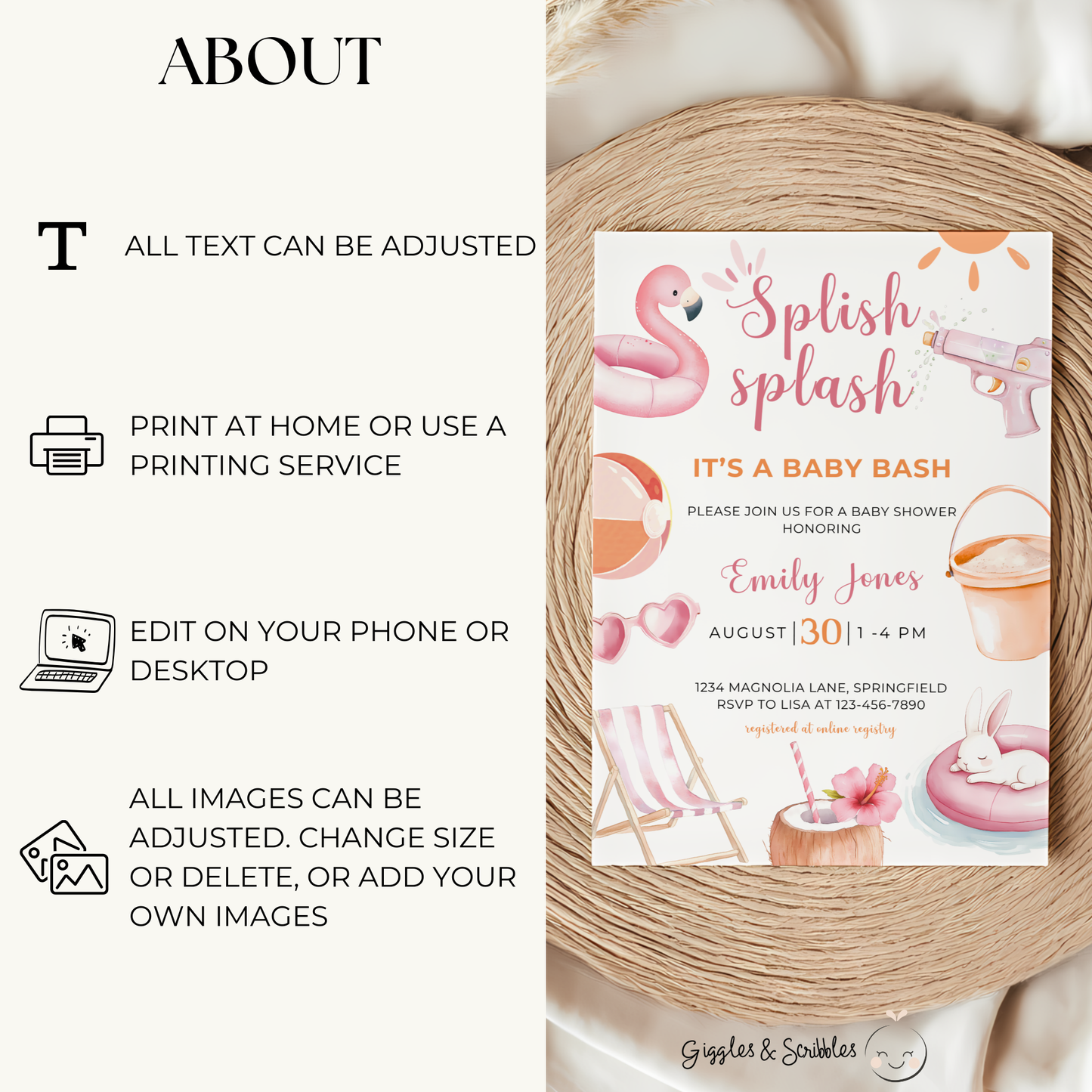Baby Shower Invitation Bundle - Pink Pool Party Splish Splash Summer Bash BS141