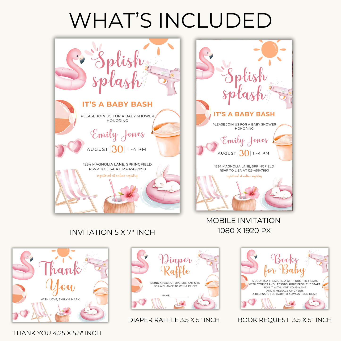 Baby Shower Invitation Bundle - Pink Pool Party Splish Splash Summer Bash BS141