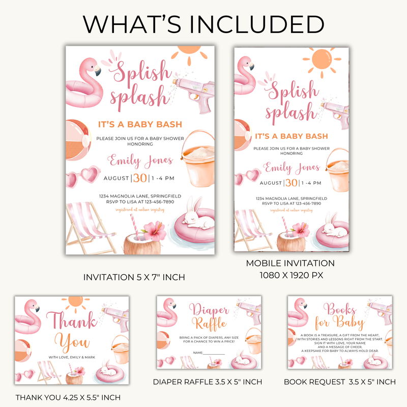 Baby Shower Invitation Bundle - Pink Pool Party Splish Splash Summer Bash BS141